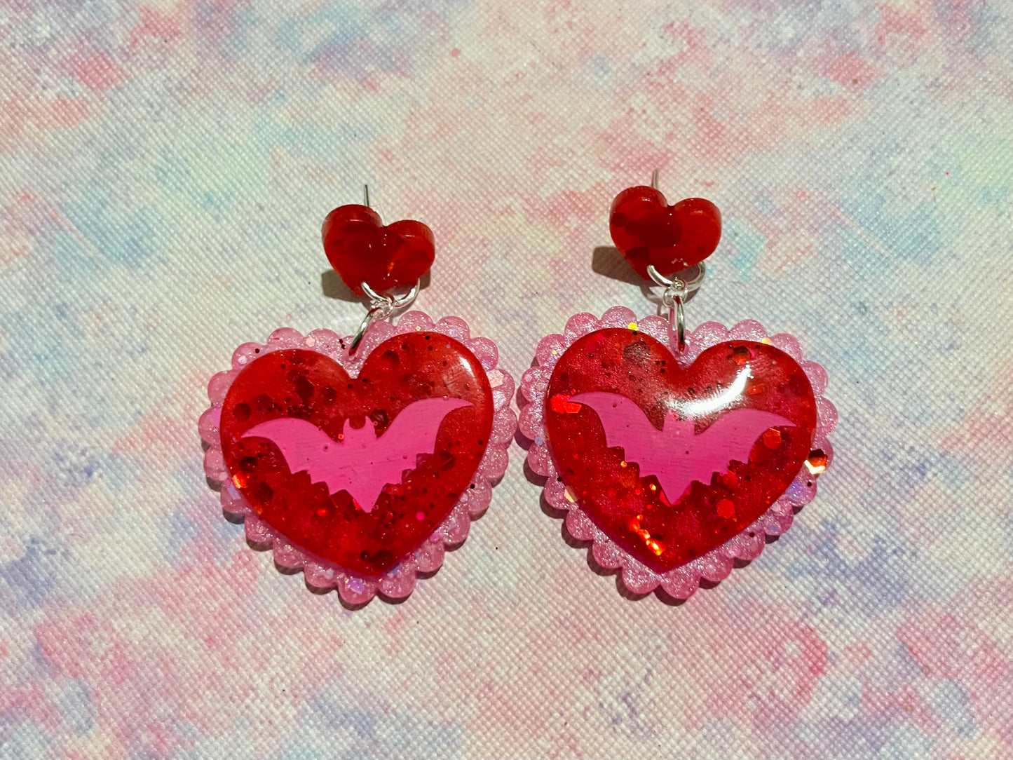 Valentines Frilly Bat Heart Earrings