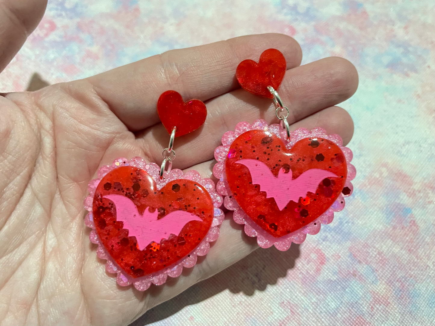 Valentines Frilly Bat Heart Earrings