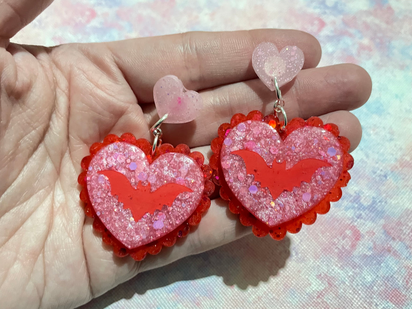 Valentines Frilly Bat Heart Earrings