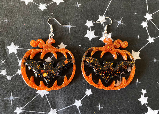 Pumpkin with Bats Earrings