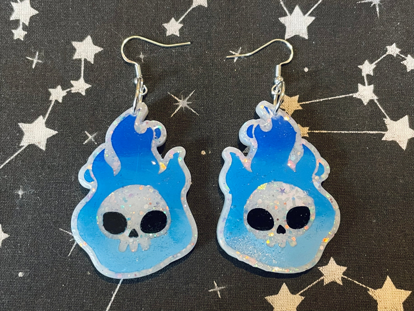 Blue Flaming Skull Earrings